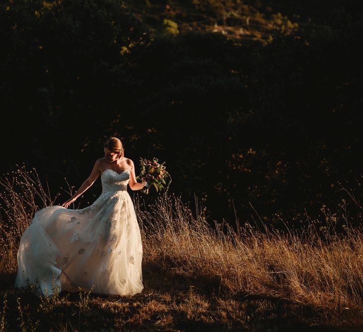 Golden Hour Portrait | Bride in Ellis Bridal Tulle &amp; Embroidery Bridal Gown | South of France Wedding | Andy Gaines Photography | Thompson Granger Films