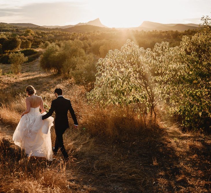 Golden Hour Portrait | Bride in Ellis Bridal Tulle &amp; Embroidery Bridal Gown | Groom in Tuxedo | South of France Wedding | Andy Gaines Photography | Thompson Granger Films