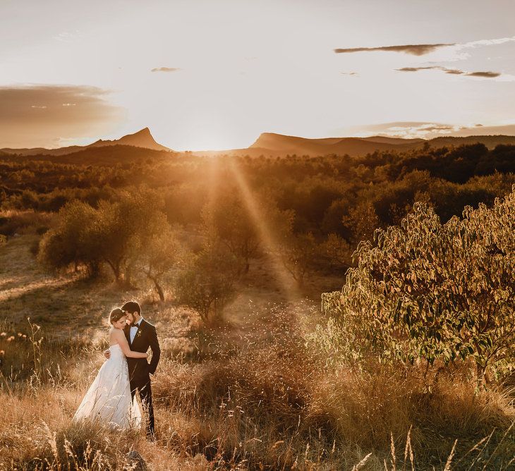 Golden Hour Portrait | Bride in Ellis Bridal Tulle &amp; Embroidery Bridal Gown | Groom in Tuxedo | South of France Wedding | Andy Gaines Photography | Thompson Granger Films