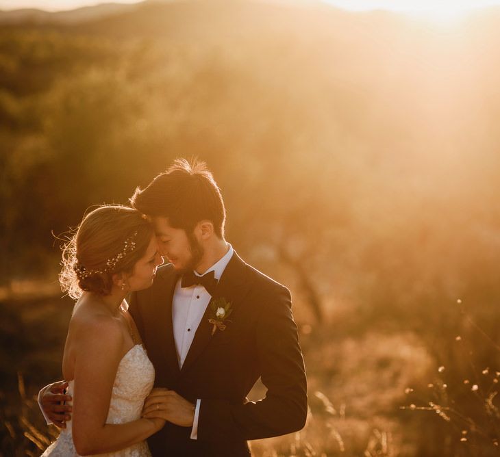 Golden Hour Portrait | Bride in Ellis Bridal Tulle &amp; Embroidery Bridal Gown | Groom in Black Tie Suit | South of France Wedding | Andy Gaines Photography | Thompson Granger Films