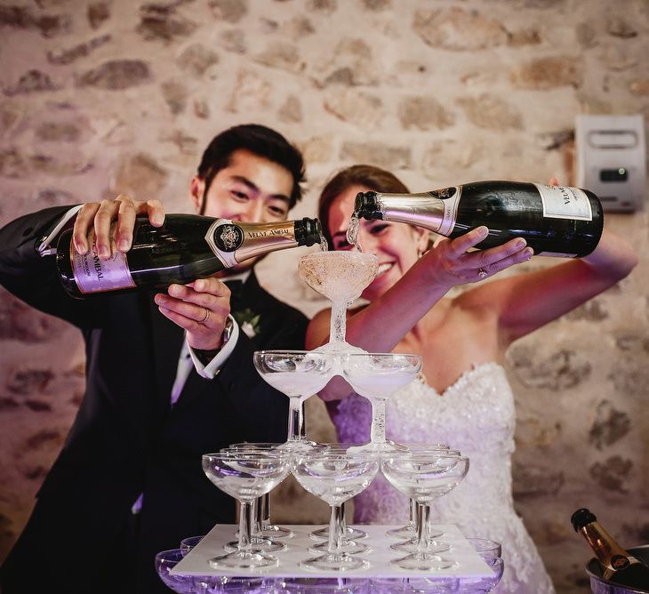 Champagne Tower | Colourful Chinese Lanterns at Domaine St Germain Wedding Venue, South of France | Andy Gaines Photography | Thompson Granger Films