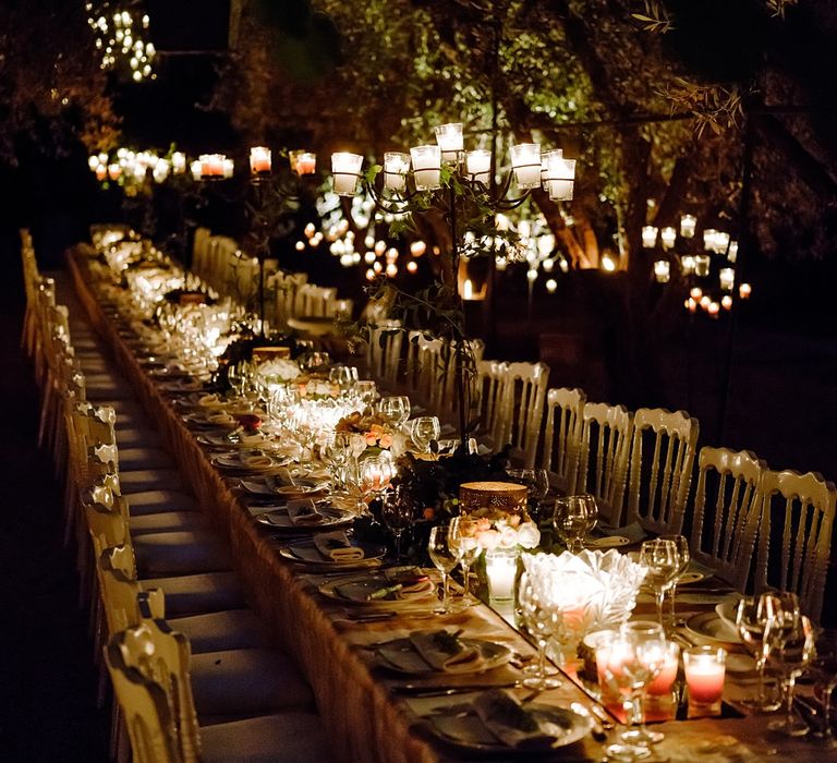 Wedding Table Decor with Candelabra &amp; Votive Decor | Paradise Destination Wedding at Jnane Tamsna in Marrakech, Morocco | Nordica Photography | Matteo Castelluccia Film