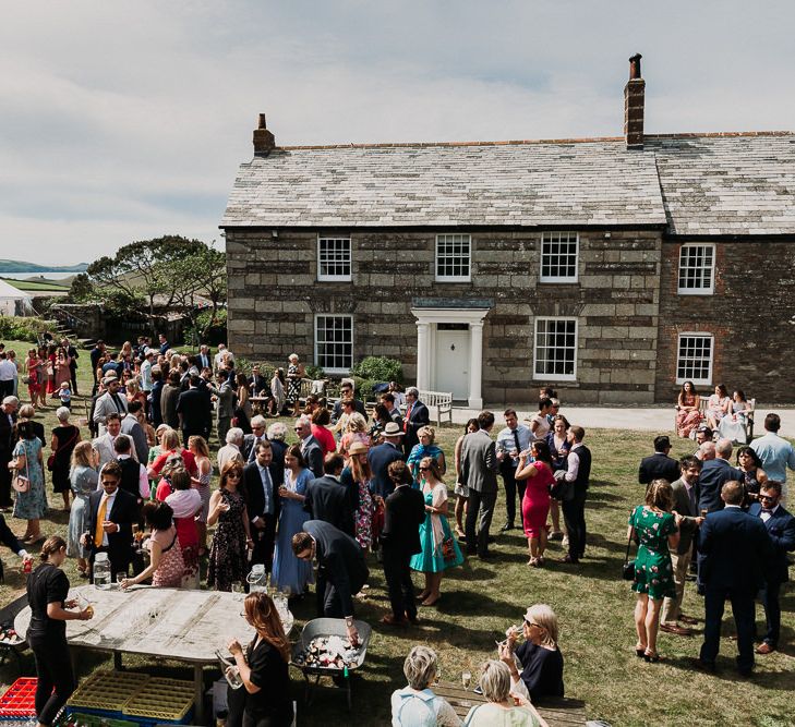 Outdoor drinks reception at Roscarrock Farm in Cornwall