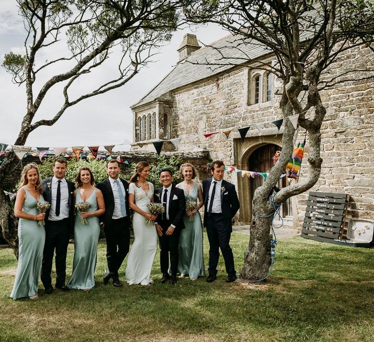 Wedding party portrait at stretch tent ceremony and marquee reception at Roscarrock Farm