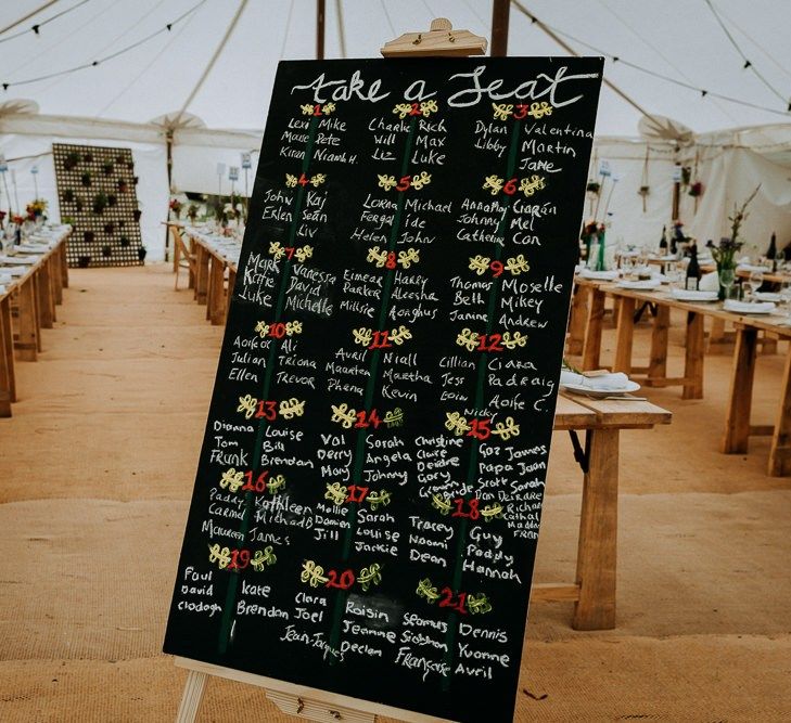 DIY chalkboard seating chart for outdoor stretch tent ceremony  and marquee reception