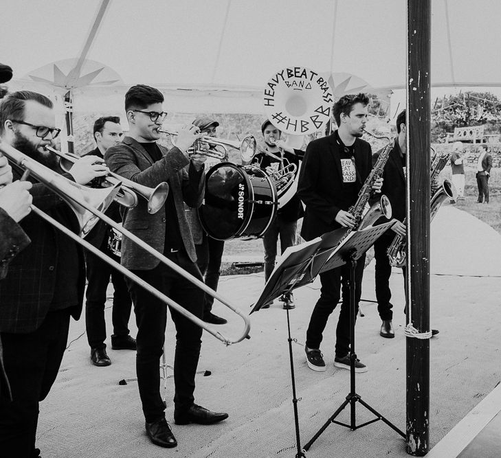 Brass band wedding entertainment for stretch tent ceremony and reception