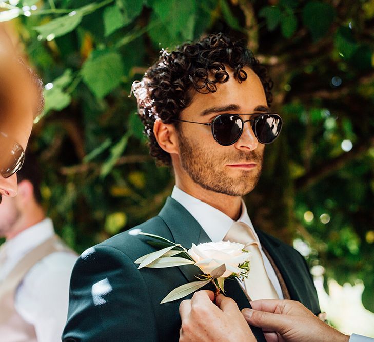 Groom in Navy Suit &amp; Shades with Rose Buttonhole | Rustic Greenery Wedding at Cripps Barn Cotswolds |Wedding_M Photography