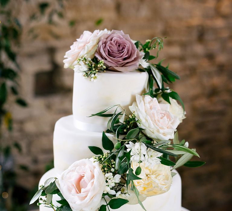 Traditional Three Tier Ice Wedding Cake with Flower Decor |  | Rustic Greenery Wedding at Cripps Barn Cotswolds | Wedding_M Photography