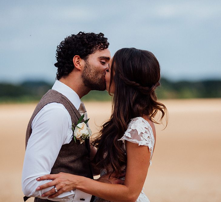 Bride in Antonia Berta Muse Wedding Dress | Groom in Navy Suit | Rustic Greenery Wedding at Cripps Barn Cotswolds | Wedding_M Photography