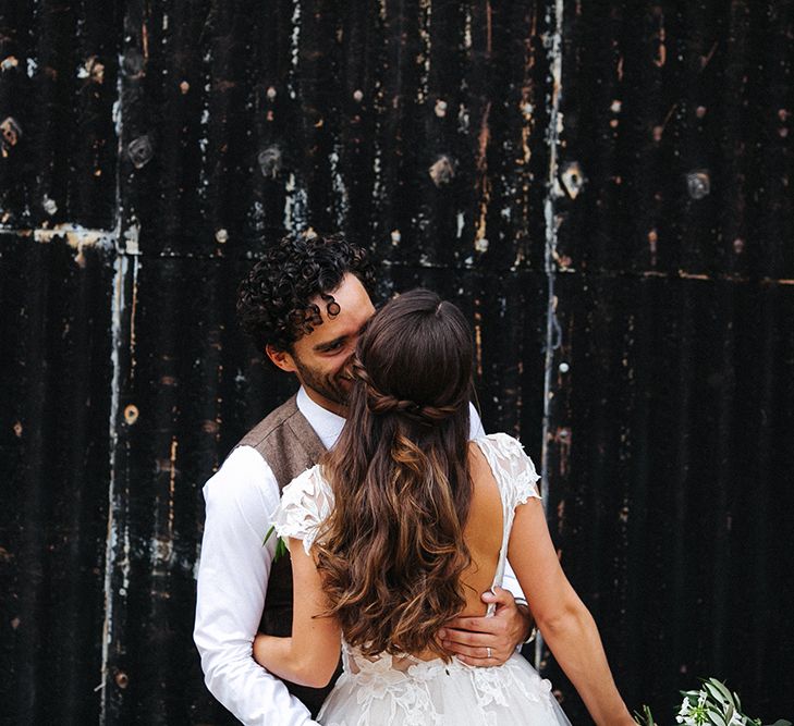 Bride in Antonia Berta Muse Wedding Dress | Groom in Navy Suit | Rustic Greenery Wedding at Cripps Barn Cotswolds | Wedding_M Photography