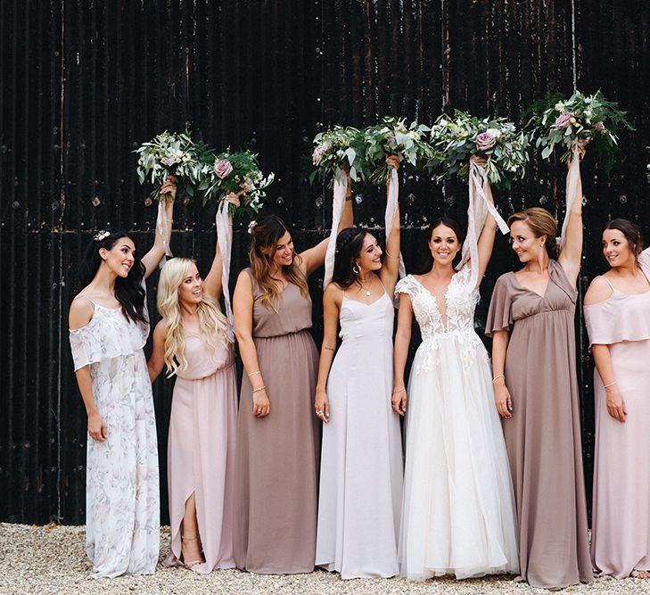 Bridal Party | Bridesmaids in Show Me Your Mum Neutral Dresses | Bride in Antonia Berta Muse Wedding Dress | Rustic Greenery Wedding at Cripps Barn Cotswolds | Wedding_M Photography