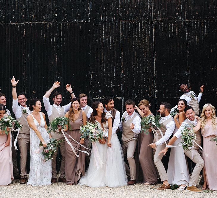 Wedding Party | Bridesmaids in Show Me Your Mum Neutral Dresses | Bride in Antonia Berta Muse Wedding Dress | Groomsmen in Beige Suits | Rustic Greenery Wedding at Cripps Barn Cotswolds | Wedding_M Photography