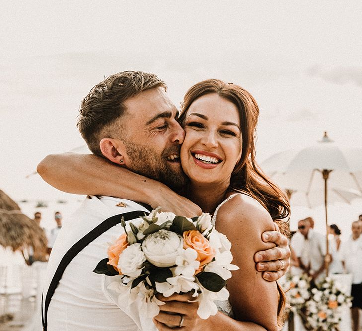 Couple Portrait | Bride in Grace Loves Lace Gia Gown | Groom in Turned Up Trousers, Bow Tie &amp; Braces from Topman | Tropical Destination on the Beach at Nice Sea Resort, Koh Phangan Thailand Planned by Phangan Weddings | Carla Blain Photography