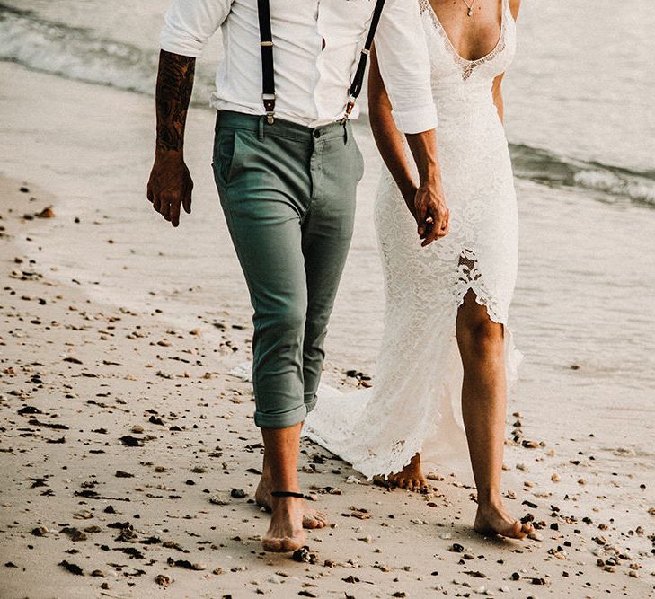 Couple Portrait | Bride in Grace Loves Lace Gia Gown | Groom in Turned Up Trousers, Bow Tie &amp; Braces from Topman | Tropical Destination on the Beach at Nice Sea Resort, Koh Phangan Thailand Planned by Phangan Weddings | Carla Blain Photography