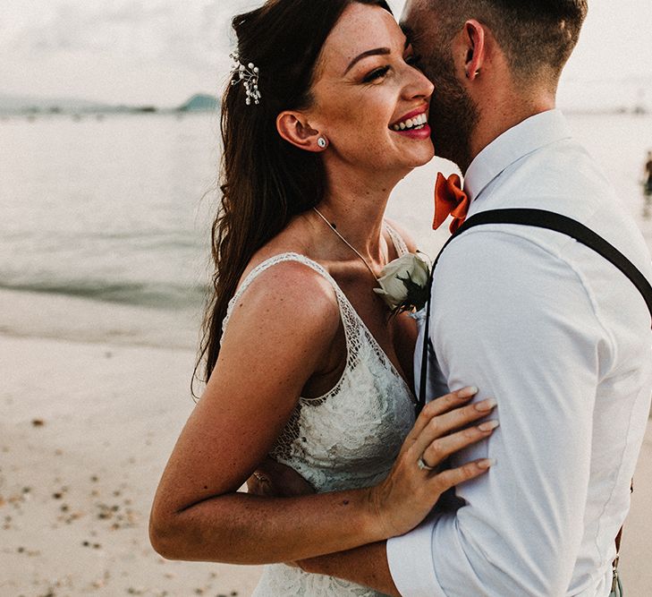 Couple Portrait | Bride in Grace Loves Lace Gia Gown | Groom in Turned Up Trousers, Bow Tie &amp; Braces from Topman | Tropical Destination on the Beach at Nice Sea Resort, Koh Phangan Thailand Planned by Phangan Weddings | Carla Blain Photography