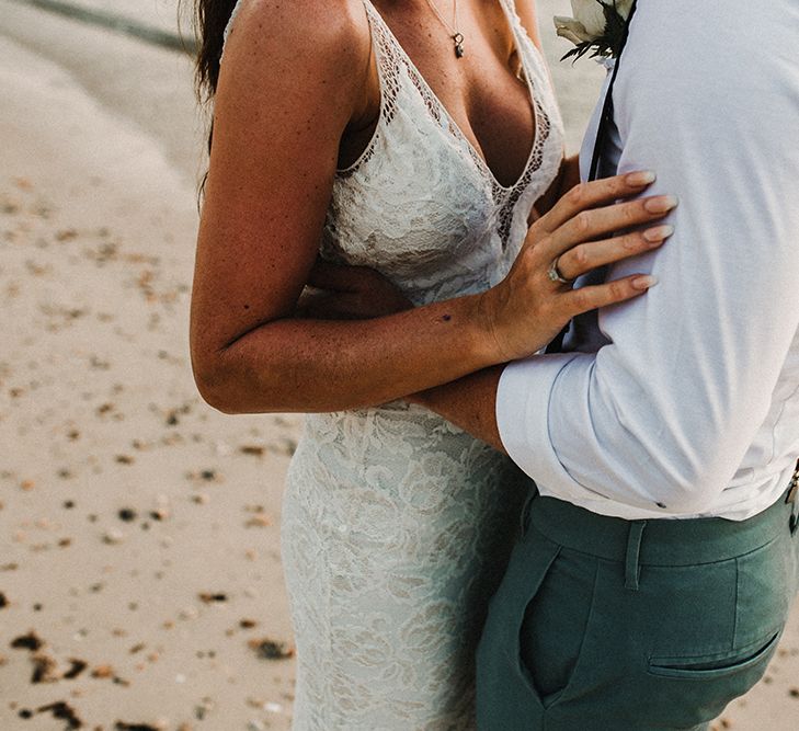 Couple Portrait | Bride in Grace Loves Lace Gia Gown | Groom in Turned Up Trousers, Bow Tie &amp; Braces from Topman | Tropical Destination on the Beach at Nice Sea Resort, Koh Phangan Thailand Planned by Phangan Weddings | Carla Blain Photography