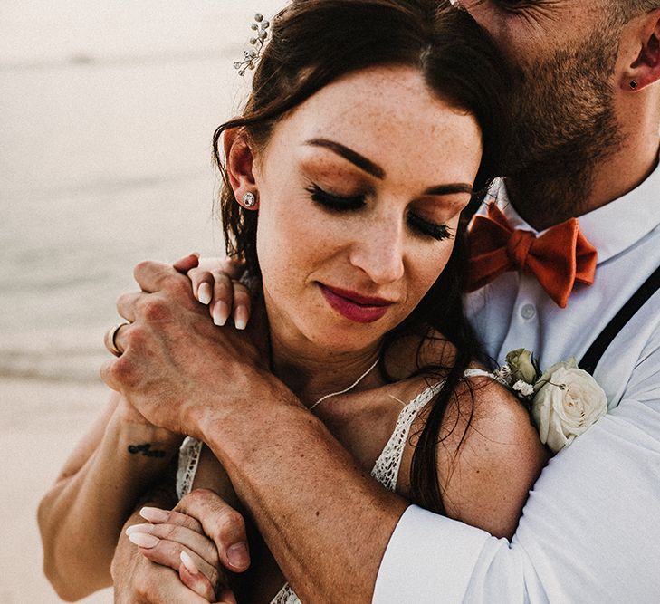 Couple Portrait | Bride in Grace Loves Lace Gia Gown | Groom in Turned Up Trousers, Bow Tie &amp; Braces from Topman | Tropical Destination on the Beach at Nice Sea Resort, Koh Phangan Thailand Planned by Phangan Weddings | Carla Blain Photography