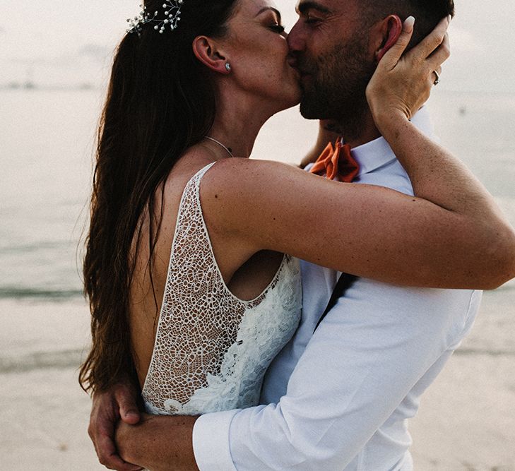 Couple Portrait | Bride in Grace Loves Lace Gia Gown | Groom in Turned Up Trousers, Bow Tie &amp; Braces from Topman | Tropical Destination on the Beach at Nice Sea Resort, Koh Phangan Thailand Planned by Phangan Weddings | Carla Blain Photography