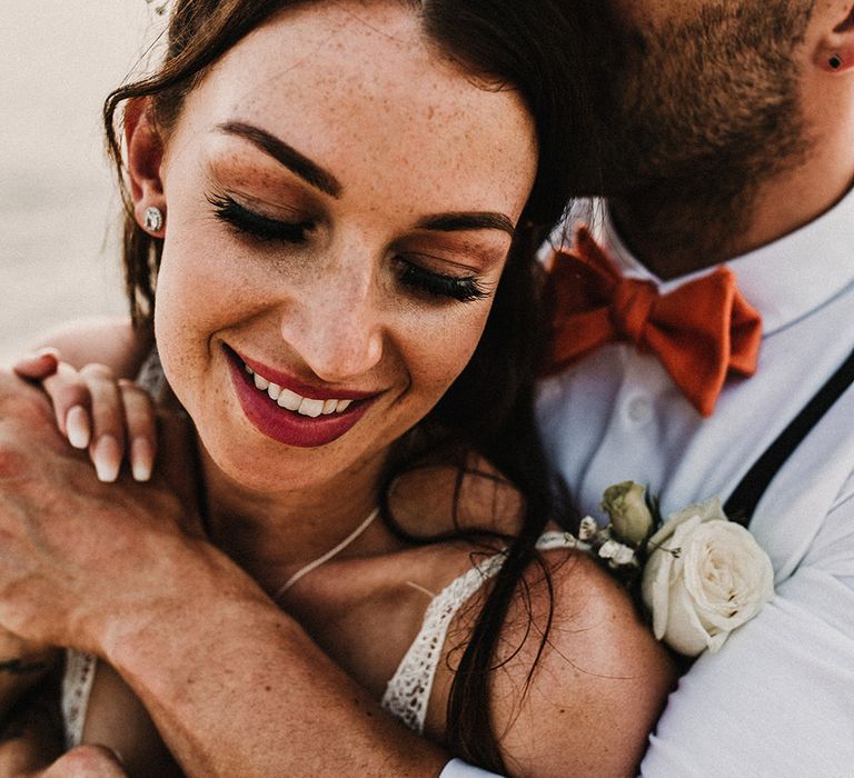 Couple Portrait | Bride in Grace Loves Lace Gia Gown | Groom in Turned Up Trousers, Bow Tie &amp; Braces from Topman | Tropical Destination on the Beach at Nice Sea Resort, Koh Phangan Thailand Planned by Phangan Weddings | Carla Blain Photography