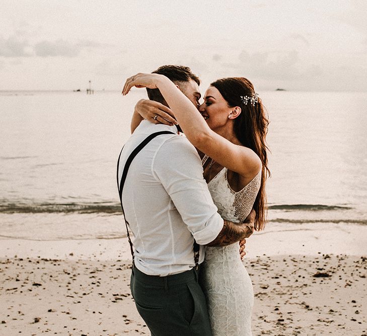 Couple Portrait | Bride in Grace Loves Lace Gia Wedding Dress | Groomsmen in Turned Up Trousers, Bow Ties &amp; Braces from Topman | Tropical Destination on the Beach at Nice Sea Resort, Koh Phangan Thailand Planned by Phangan Weddings | Carla Blain Photography