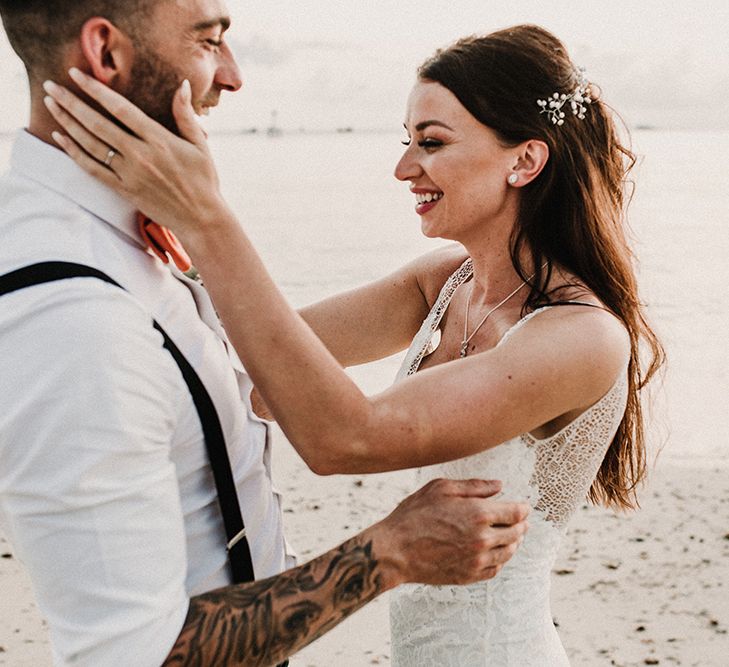 Couple Portrait | Bride in Grace Loves Lace Gia Wedding Dress | Groomsmen in Turned Up Trousers, Bow Ties &amp; Braces from Topman | Tropical Destination on the Beach at Nice Sea Resort, Koh Phangan Thailand Planned by Phangan Weddings | Carla Blain Photography