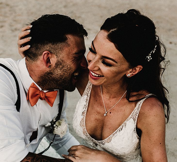 Couple Portrait | Bride in Grace Loves Lace Gia Wedding Dress | Groomsmen in Turned Up Trousers, Bow Ties &amp; Braces from Topman | Tropical Destination on the Beach at Nice Sea Resort, Koh Phangan Thailand Planned by Phangan Weddings | Carla Blain Photography