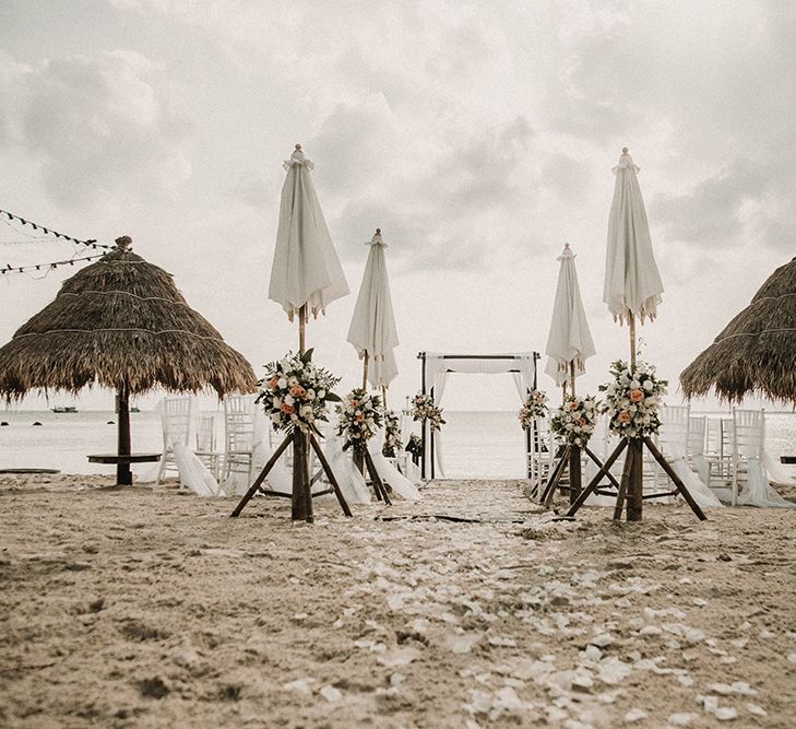 Grace Loves Lace Gia Gown for a Tropical Destination on the Beach at Nice Sea Resort, Koh Phangan Thailand Planned by Phangan Weddings | Fairy Light Reception | Peach Flowers | Carla Blain Photography