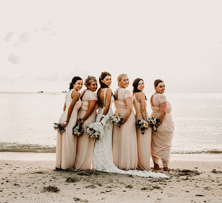 Bridal Party | Bridesmaids in Peach Gowns | Bride in Grace Loves Lace Gia Wedding Dress | Tropical Destination on the Beach at Nice Sea Resort, Koh Phangan Thailand Planned by Phangan Weddings | Carla Blain Photography