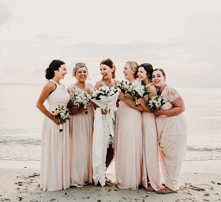 Bridal Party | Bridesmaids in Peach Gowns | Bride in Grace Loves Lace Gia Wedding Dress | Tropical Destination on the Beach at Nice Sea Resort, Koh Phangan Thailand Planned by Phangan Weddings | Carla Blain Photography