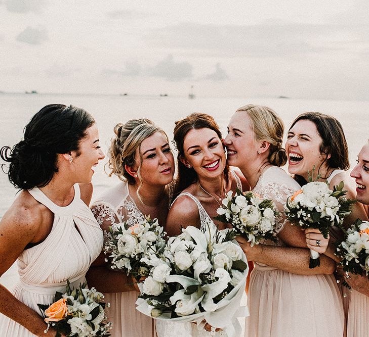 Bridal Party | Bridesmaids in Peach Gowns | Bride in Grace Loves Lace Gia Wedding Dress | Tropical Destination on the Beach at Nice Sea Resort, Koh Phangan Thailand Planned by Phangan Weddings | Carla Blain Photography