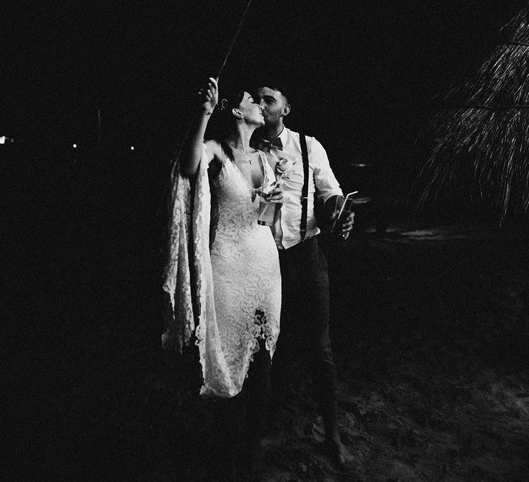 Couple Portrait | Bride in Grace Loves Lace Gia Wedding Dress | Groomsmen in Turned Up Trousers, Bow Ties &amp; Braces from Topman | Tropical Destination on the Beach at Nice Sea Resort, Koh Phangan Thailand Planned by Phangan Weddings | Carla Blain Photography