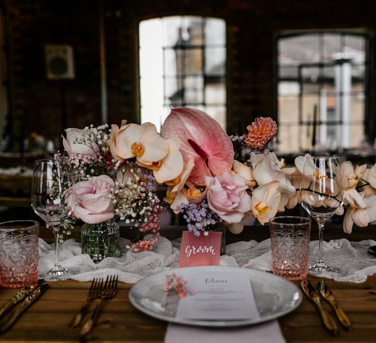 Blush Pink Orchids and Anthurium Wedding Flower Centrepieces