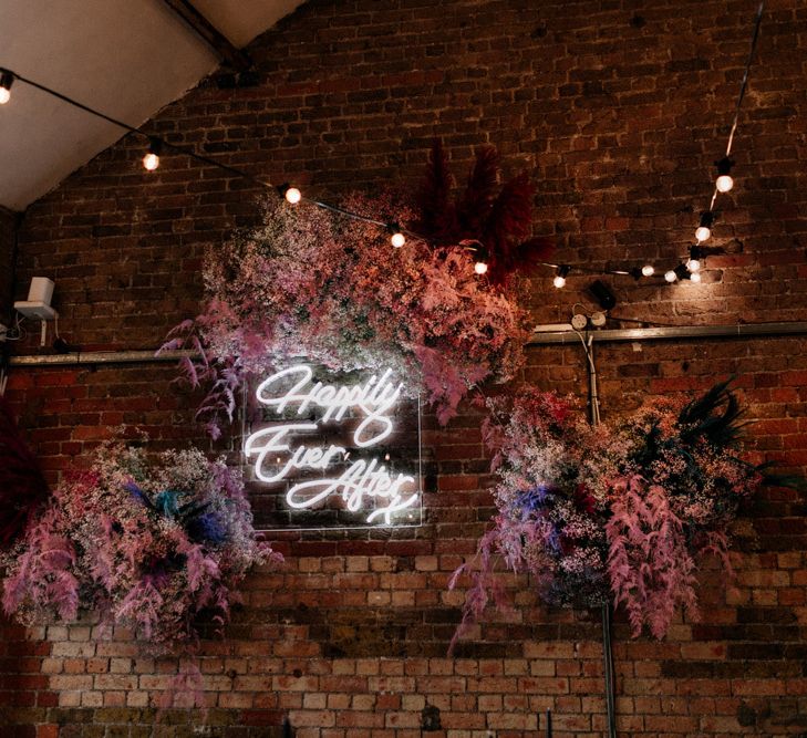 Happily Ever After Neon Sign with Pink Gypsophila Flower Clouds