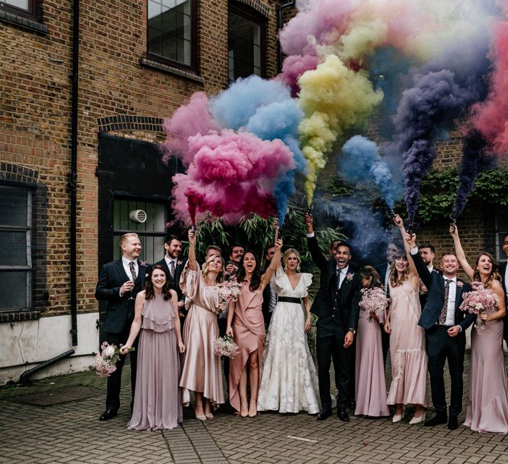 Smoke Bomb Wedding Party Portrait