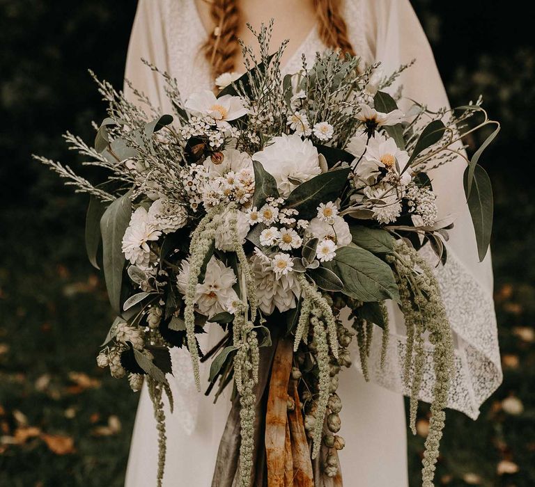 Wildflower Bridal Bouquet with Ribbon &amp; Foliage | Nude Bohemian Wedding Inspiration by Wonderland Invites &amp; Rock The Day Styling | Kelsie Low Photography