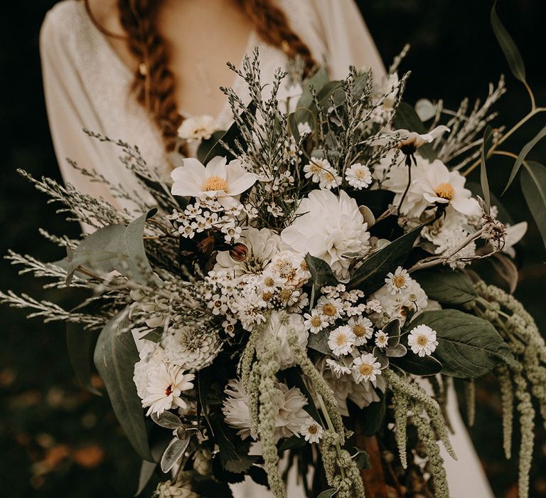 Oversized Bridal Bouquet with Ribbon &amp; Foliage | Nude Bohemian Wedding Inspiration by Wonderland Invites &amp; Rock The Day Styling | Kelsie Low Photography