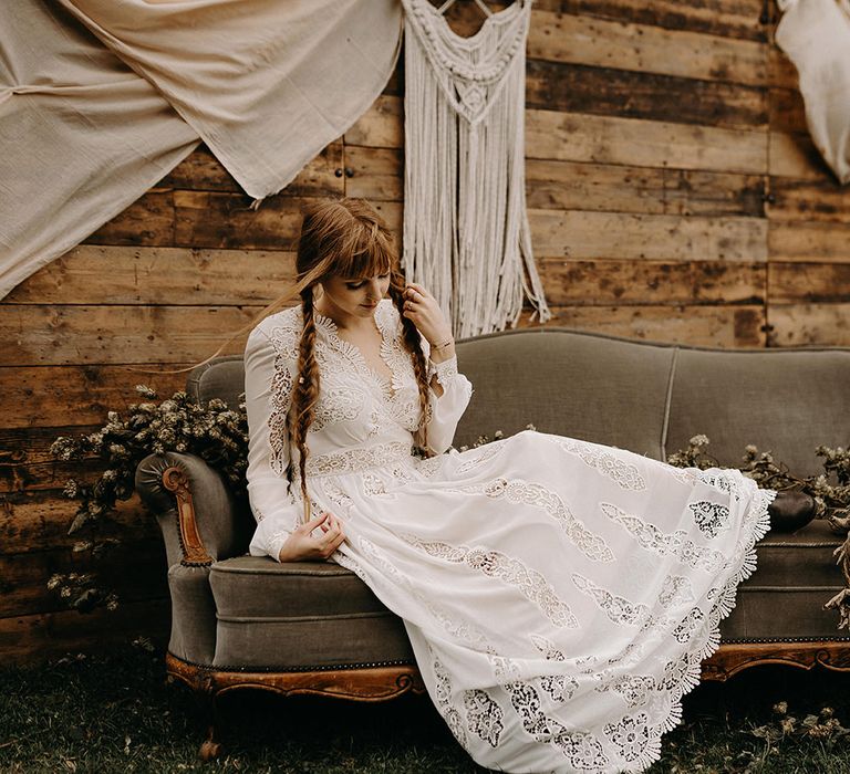 Boho Bride in Lace Rock The Frock Bridal Gown | Nude Bohemian Wedding Inspiration by Wonderland Invites &amp; Rock The Day Styling | Kelsie Low Photography