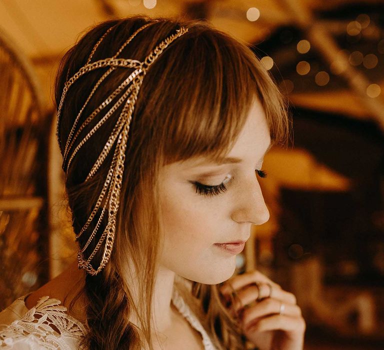 Boho Bride with Fishtail Braids &amp; Gold Hair Accessory | Lace Rock The Frock Bridal Gown | Nude Bohemian Wedding Inspiration by Wonderland Invites &amp; Rock The Day Styling | Kelsie Low Photography