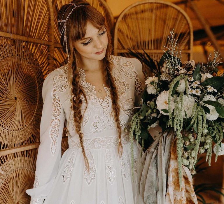 Boho Bride in Lace Rock The Frock Bridal Gown | Nude Bohemian Wedding Inspiration by Wonderland Invites &amp; Rock The Day Styling | Kelsie Low Photography