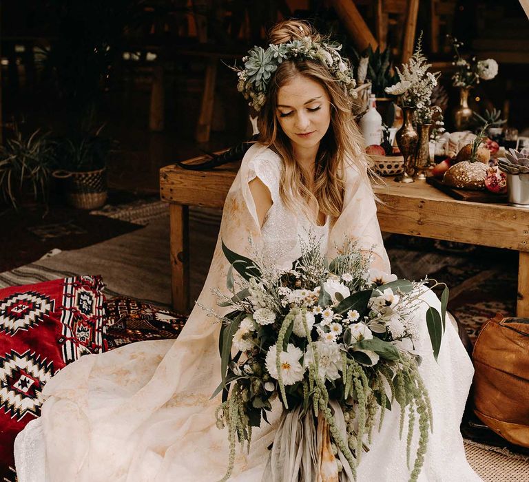 Boho Bride with Succulent Flower Crown &amp;  Lace Rock The Frock Bridal Gown | Nude Bohemian Wedding Inspiration by Wonderland Invites &amp; Rock The Day Styling | Kelsie Low Photography