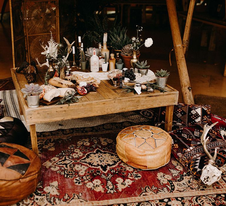 Rustic Tipi with Persian Rugs &amp; Moroccan Poufs | Nude Bohemian Wedding Inspiration by Wonderland Invites &amp; Rock The Day Styling | Kelsie Low Photography