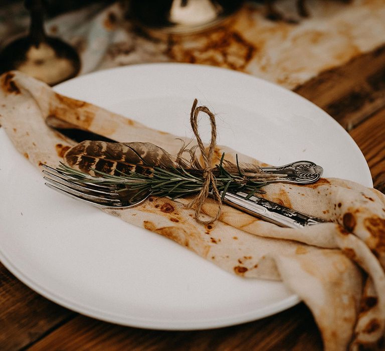 Feather Place Setting | Nude Bohemian Wedding Inspiration by Wonderland Invites &amp; Rock The Day Styling | Kelsie Low Photography