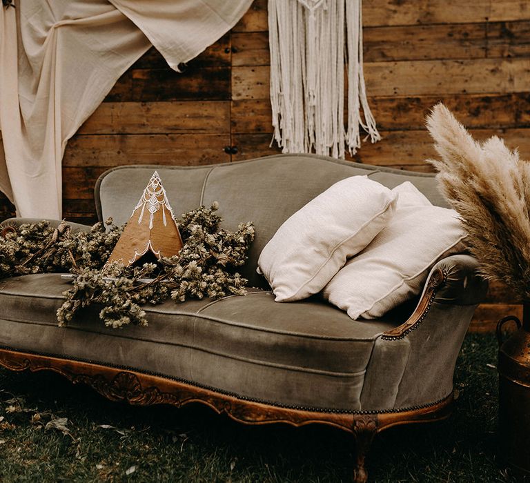 Vintage Furniture | Tipi Gingerbread Wedding Cake Nude Bohemian Wedding Inspiration by Wonderland Invites &amp; Rock The Day Styling | Kelsie Low Photography