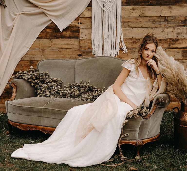 Boho Bride in Lace Rock The Frock Bridal Dress | Vintage Furniture | Nude Bohemian Wedding Inspiration by Wonderland Invites &amp; Rock The Day Styling | Kelsie Low Photography