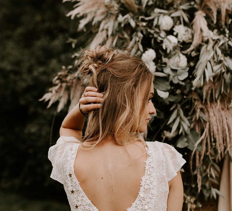 Boho Bride in Lace Rock The Frock Bridal Dress | Nude Bohemian Wedding Inspiration by Wonderland Invites &amp; Rock The Day Styling | Kelsie Low Photography