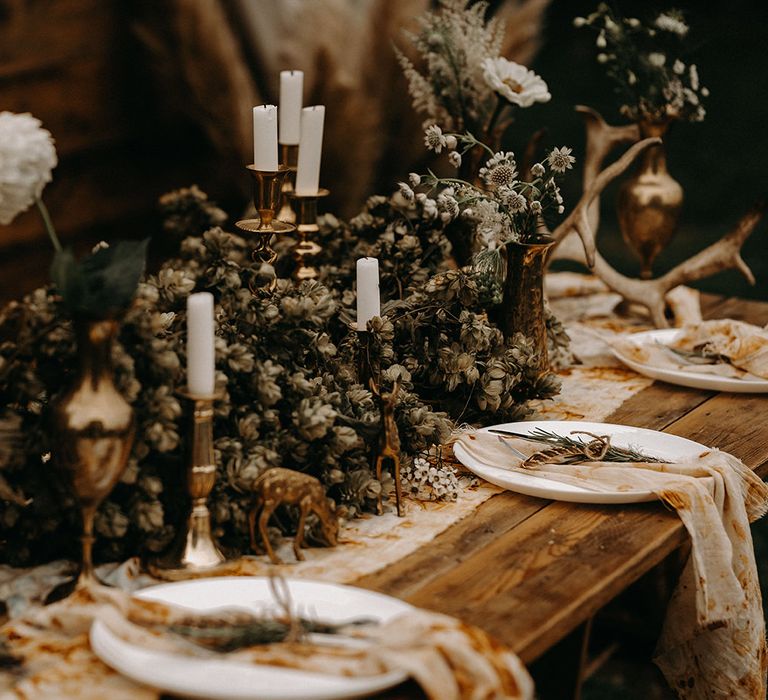 Dried Flower Table Runner &amp; Candle Stick Decor | Nude Bohemian Wedding Inspiration by Wonderland Invites &amp; Rock The Day Styling | Kelsie Low Photography