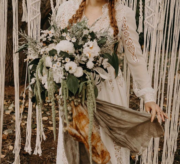 Boho Bride in Lace Rock The Frock Bridal Gown | Macrame Wall Hanging &amp; Dried Flowers | Nude Bohemian Wedding Inspiration by Wonderland Invites &amp; Rock The Day Styling | Kelsie Low Photography