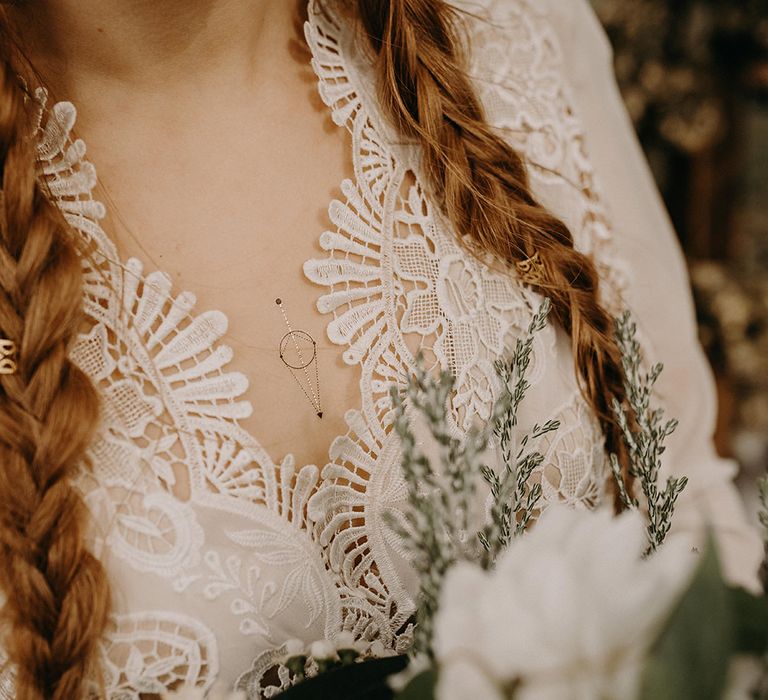 Lace Wedding Dress | Bridal Braid | Macrame Wall Hanging &amp; Dried Flowers | Nude Bohemian Wedding Inspiration by Wonderland Invites &amp; Rock The Day Styling | Kelsie Low Photography