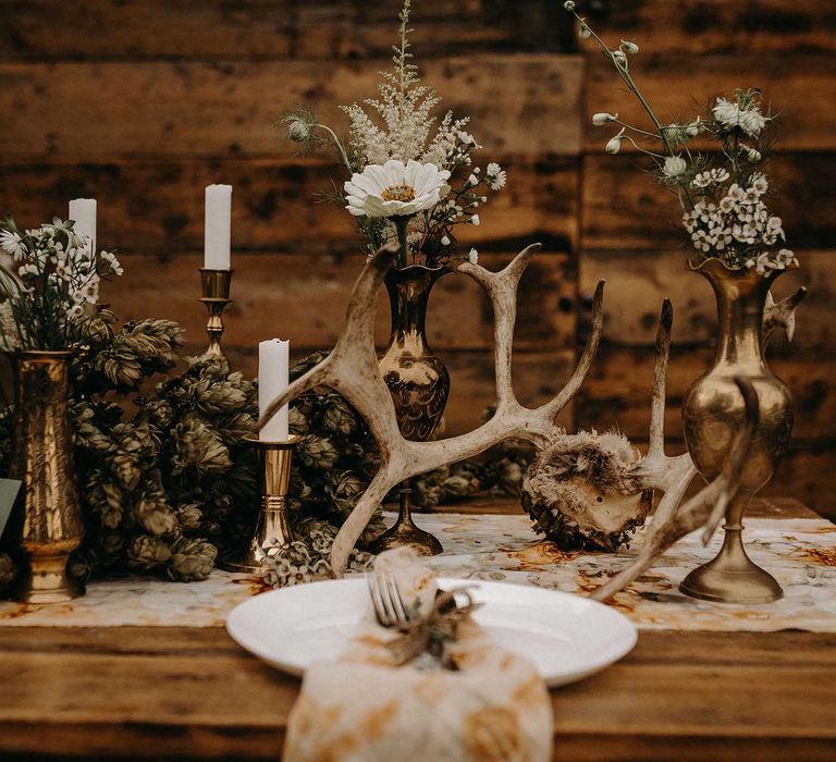 Drapes, Dried Flowers &amp; Macrame Decor | Wooden Table with Candle Sticks &amp; Greenery Garland | Nude Bohemian Wedding Inspiration by Wonderland Invites &amp; Rock The Day Styling | Kelsie Low Photography