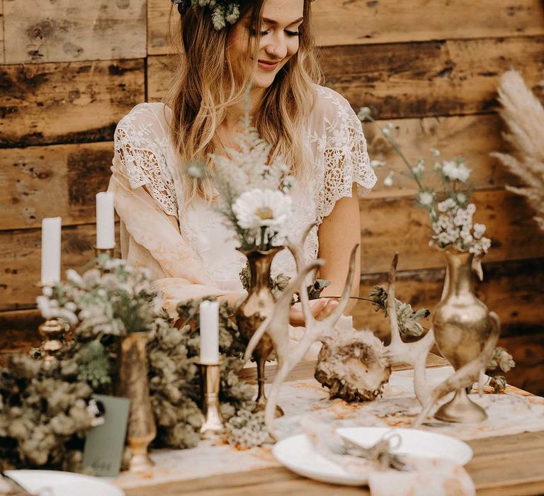 Boho Bride in Lace Dress &amp; Succulent Flower Crowns | Drapes, Dried Flowers &amp; Macrame Decor | Wooden Table with Candle Sticks &amp; Greenery Garland | Nude Bohemian Wedding Inspiration by Wonderland Invites &amp; Rock The Day Styling | Kelsie Low Photography